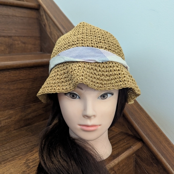 Scotch R'belle Packable Tan Straw Bucket Hat with Ribbon Size small - Picture 7 of 8